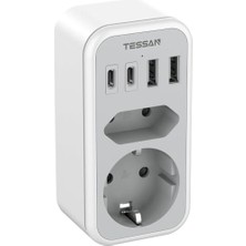 Die Grup Tessan Soket Için Çift Fiş, 2 USB C ve 2 USB A'lı 6'sı 1 Arada Soket Adaptörü, Çoklu Fişli USB C 3600W, Telefon ve Ev Aletleri Için Çift Soket, USB C'li Çoklu Soket, Gri