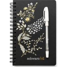 Die Grup Schwarz Foil Siyah Sayfalı Sert Kapak Spiral Defter, Beyaz Kalem Hediyeli, 60 Sayfa, 14×20 Cm, Gold, Beyaz Folyo Çiçek Desenli Siyah Kapak, Tam Açılabilir Spiral Cilt, Günlük Not Için Premium Defter