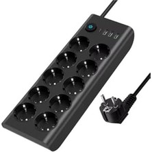 Die Grup 10’lu Akım Korumalı Priz 3680W | 3 Usb-A + 1 Usb-C Girişli Çoklu Grup Priz | Anahtarlı 2 Metre Uzatma Kablosu | Çocuk Korumalı Çoklu Priz Siyah