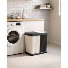 Kitcheva Katlanabilir Çamaşır Sepeti ve Kirli Çamaşır Sepeti 40X2LT – Kapaklı, Geniş Hacimli, Dekoratif, Çok Amaçlı Ev ve Banyo Organizeri 2 Bölmeli Gri Beyaz Dokunmatik Kapaklı