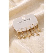Kuşkaya Ticaret 316L Çelik Gold Renkli Zirkon Taşlı Kutup Yıldızı Model Kadın Küpe Seti