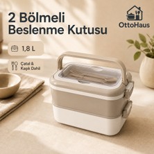 Otto Haus 2 Bölmeli Beslenme Kutusu Çatal Kaşık Setli, Katlanır Saplı Kilitli Lunch Box, 1,8 L