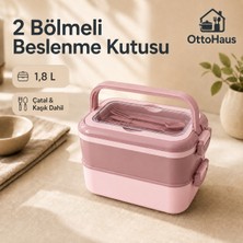Otto Haus 2 Bölmeli Beslenme Kutusu Çatal Kaşık Setli, Katlanır Saplı Kilitli Lunch Box, 1,8 L