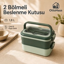 Otto Haus 2 Bölmeli Beslenme Kutusu Çatal Kaşık Setli, Katlanır Saplı Kilitli Lunch Box, 1,8 L