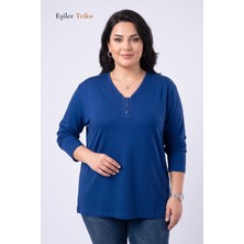 Eşiler Triko Kadın İndigo Büyük Beden V Yaka 3 Düğmeli Klasik Anne Penye Bluz