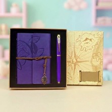 TKÇ Yaprak Desenli Deri Defter ve Mor Metal Kalem Seti