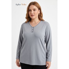 Eşiler Triko Kadın Gri Büyük Beden V Yaka 3 Düğmeli Klasik Anne Penye Bluz