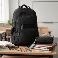Duomino Krinkıl Suya Dayanıklı Büyük Boy Siyah Klinkır Sırt Çantası 15,6 Laptop Okul Çantası Kalemlik Takım Çanta