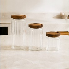 Meturas Akasya Ahşap Kapaklı Cam Saklama Kavanozu Seti, 3’lü 500 Ml, 700 ml ve 1000 ml Şeffaf Çizgili Cam Baharat, Kahve, Çay, Kuruyemiş ve Kuru Gıda Düzenleme Kabı