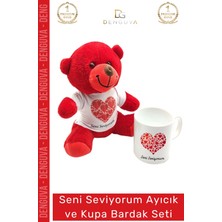 #ayıcıkseti Peluş Seni Seviyorum Baskılı Tişörtlü Seramik Şık Hediye Ayıcık Kupa Bardak Seti