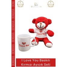 #ayıcıkseti I Love You Baskılı Tişörtlü Peluş Hediye Kırmızı Ayıcık Porselen Kupa Bardak Seti