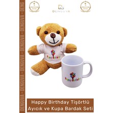 #ayıcıkseti Happy Birthday Baskılı Tişörtlü Peluş Kahverengi Porselen Hediye Ayıcık Kupa Bardak Seti