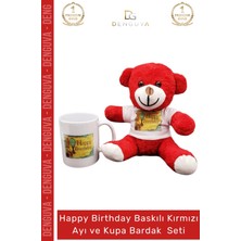 #ayıcıkseti Happy Birthday Baskılı Tişörtlü Peluş Kırmızı Hediye Ayıcık Porselen Kupa Bardak Seti