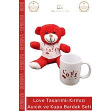 #ayıcıkseti Love Baskılı Tişörtlü Peluş Porselen Hediye Kırmızı Ayıcık Kupa Bardak Seti