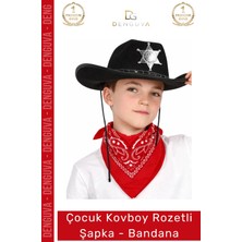 #kostüm Çocuk Kovboy Şapka Sheriff Yıldız Rozet Kostüm Aksesuar Set Rozetli Siyah Kırmızı Bandana