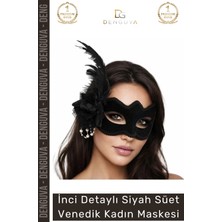 #maske Inci Detaylı Siyah Süet Venedik Maskesi Tüy Süslemeli Şık Lüks Parti Balo Maskesi