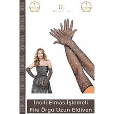 #eldiven Siyah Incili Elmas Işlemeli 45 cm Likralı Abiye Kostüm Şık Aksesuar File Örgü Uzun Eldiven