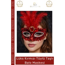 #balomaskesi Lüks Kırmızı Payetli Pul Detaylı Kostüm Partisi Aksesuarı Kadın Tüylü Taşlı Balo Maskesi