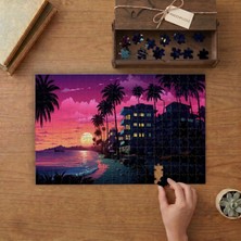 Punto Dizayn Retrowave Gün Batımı ve Sahil Tasarımı 240 Parça Ahşap Puzzle Ahşap Kutuda MPY60080