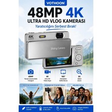 Marsilyan Dijital Kamera 4K Hd 48MP 8x Zoom Flaşlı Kayar Retro Video Kamera 2.4’’ Ekran 64GB Sd Kart Hediyeli Gümüş