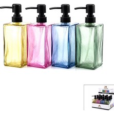 Tuğra Çelik Alvetro Alv-08 Cam Sıvı Sabunluk 410 ml - Kare Renkli Şeffaf Buzlu Çizgili Desen