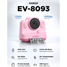 Everest EV-8093 Pembe 1080P Full Hd 1300MAH Şarjlı Müzik Anında Baskı Yapabilen Dijital Çocuk Kamera