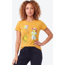 Piero Perla Jaguar Baskı Detaylı Bisiklet Yaka Slim Fit Kadın Hardal T-Shirt