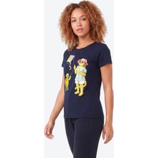 Piero Perla Jaguar Baskı Detaylı Bisiklet Yaka Slim Fit Kadın Lacivert T-Shirt