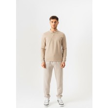 Piero Perla Polo Yaka Slim Fit Uzun Kollu Erkek Taş T-Shirt