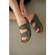 Selin Shoes Noir Çift Ayarlanabilir Tokalı Kadın Terlik- Haki