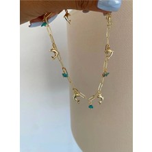 Bade Jewelry Fd Vip Gold Sarkıt Mavi Doğal Taş&yunus Balığı Detaylı Kararmaz Çelik Şık Halhal
