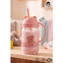 Muf Home Bebek ve Çocuklara Özel Pipetli Kulplu Bardak Matara Suluk 370ML Cam Sütlük - Sevimli Ayıcıklı Tasarım - Sağlıklı & Güvenli