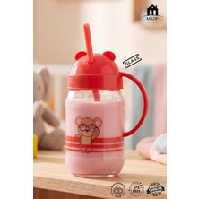 Muf Home Bebek ve Çocuklara Özel Pipetli Kulplu Bardak Matara Suluk 370ML Cam Sütlük - Sevimli Ayıcıklı Tasarım - Sağlıklı & Güvenli