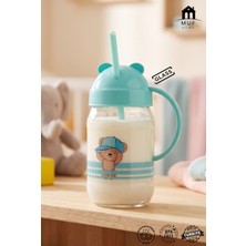 Muf Home Bebek ve Çocuklara Özel Pipetli Kulplu Bardak Matara Suluk 370ML Cam Sütlük - Sevimli Ayıcıklı Tasarım - Sağlıklı & Güvenli