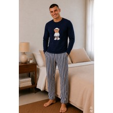 Koza İç Giyim Erkek Pamuklu Uzun Kollu Ayıcık Baskılı Alt Çizgili Pijama Takımı