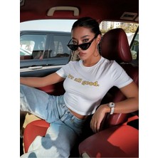 Kozz Style Kadın Beyaz Its All Good Baskılı Bisiklet Yaka Oversize Crop T-Shirt