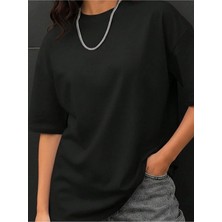 Kozz Style Kadın Siyah Basic %100 Organik Pamuk Relaxed Fit Yuvarlak Yaka T-Shirt