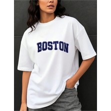 Kozz Style  Kadın Boston Baskı %100 Organik Pamuk Relaxed Fit Yuvarlak Yaka Tişört Beyaz
