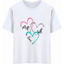 Kozz Style   Beyaz Faith Love Hope Baskı Regular Fit Organik Pamuk Tişört