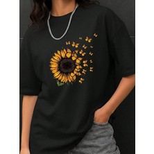 Kozz Style Siyah Ayçiçeği Baskı %100 Organik Pamuk Relaxed Fit Yuvarlak Yaka Tişört