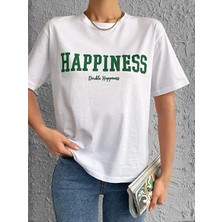 Kozz Style Kadın Happiness Double Baskı %100 Organik Pamuk Relaxed Fit Yuvarlak Yaka Tişört Beyaz