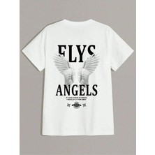 Kozz Style Erkek Beyaz Flys Angels Baskılı Pamuklu Tişört