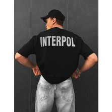 Kozz Style Erkek Siyah Interpol Baskı %100 Organik Pamuk Oversize Tişört