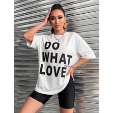 Kozz Style Kadın What Love Baskı %100 Organik Pamuk Relaxed Fit Yuvarlak Yaka Tişört Beyaz