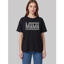 Kozz Style Kadın Dama Mama Baskı Organik Pamuk Relaxed Fit Yuvarlak Yaka Tişört Siyah