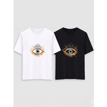 Kozz Style Siyah+Beyaz Eye Baskı Regular Fit Organik Pamuk Tişört 2li