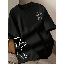Kozz Style Kadın Siyah Xbear Yarım Baskı Oversize Pamuklu T-Shirt