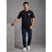 Kozz Style Erkek Siyah 2 Çizgi Baskı %100 Organik Pamuk Comfort Fit Tişört