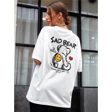 Kozz Style Kadın Beyaz Oversize Bear Sırt Baskılı Tişört