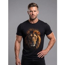 Kozz Style Erkek Siyah Aslan Baskı %100 Organik Pamuk Oversize Tişört